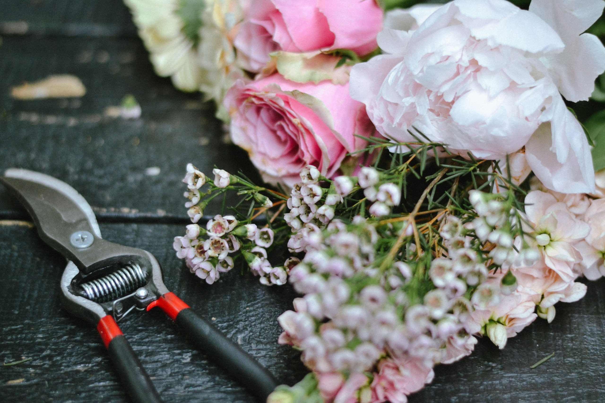Fleurs roses blanches sécateur bois rustique